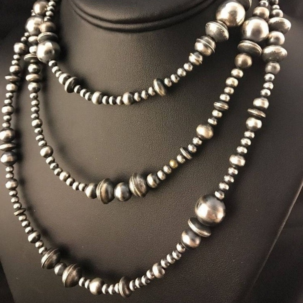 Navajo Pearls Sterling Silver Bead Necklace 48"